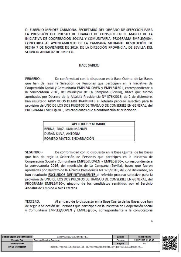 EDICTO (ADMITIDOS Y EXCLUIDOS DEFINITIVOS CONSERJE EMPLEA30 Y CONVOCATORIA ENTREVISTA)