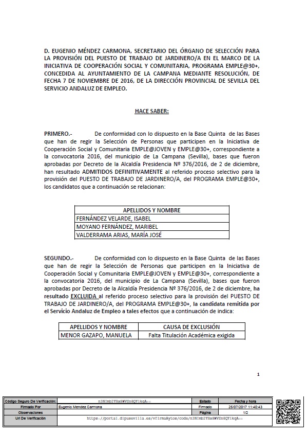 EDICTO (ADMITIDOS Y EXCLUIDOS DEFINITIVOS CONSERJE EMPLEA30 Y CONVOCATORIA ENTREVISTA)