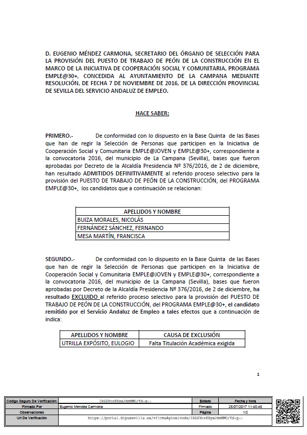 EDICTO (ADMITIDOS Y EXCLUIDOS DEFINITIVOS CONSERJE EMPLEA30 Y CONVOCATORIA ENTREVISTA)