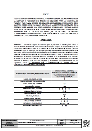 EDICTO (CALIFICACIONES 33 PEONES PROGRAMA AYUDA A LA CONTRATACION 2016)